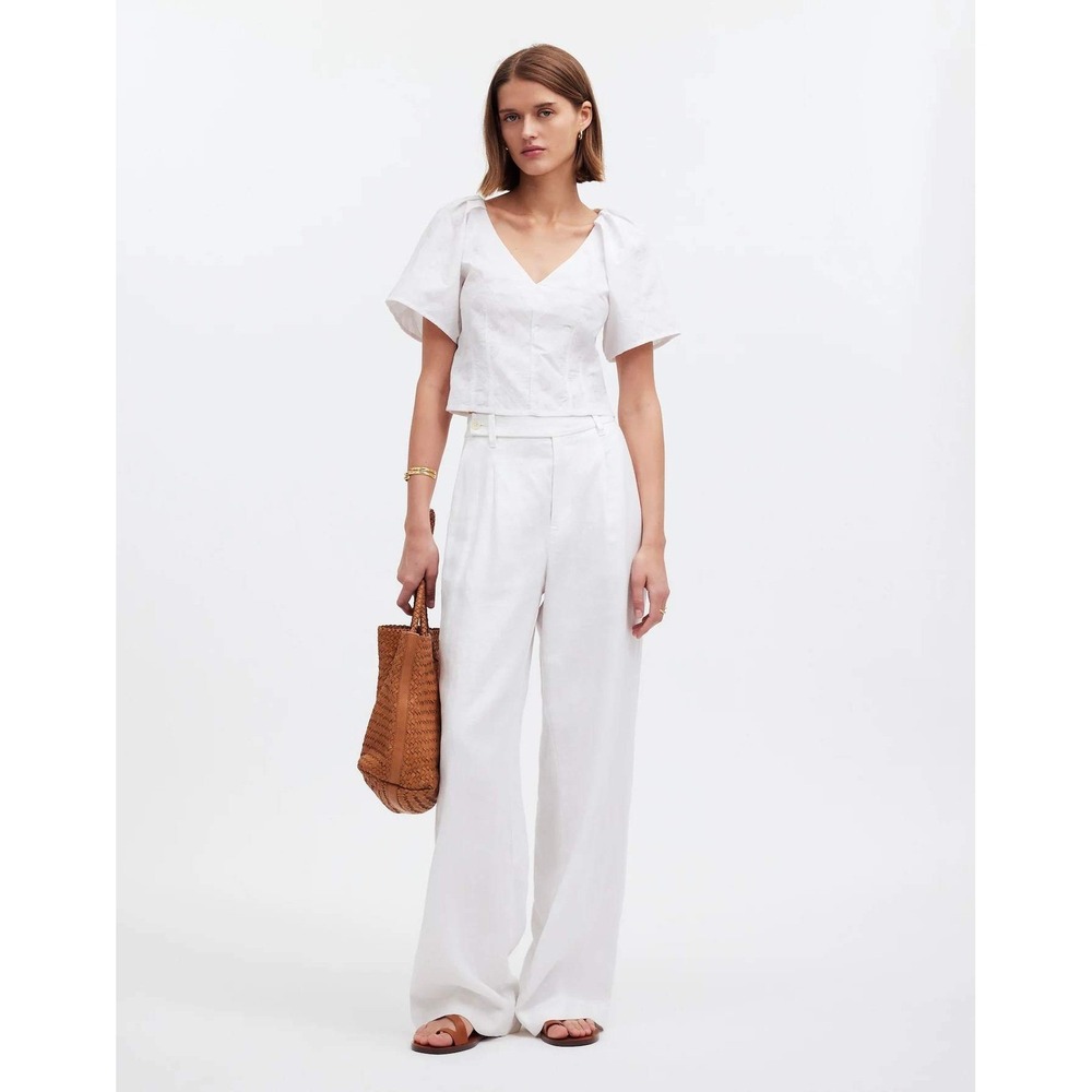 Madewell White Textured Embroidered‎ V Neck Short Sleeve Top Size 14